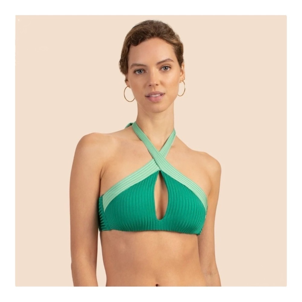TRINA TURK SWIM Olympia Rib High Neck Top in Green NWT